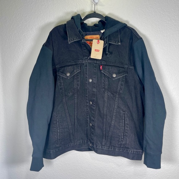 Levi's Hooded Denim Trucker Jacket Relaxed Fit Black Jean Jacket XL - Picture 2 of 5